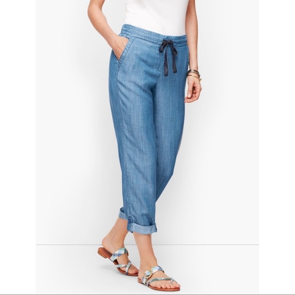 Talbots Women 12P Chambray Pants Summer Twill Slim Leg Rolled Hem - Picture 3 of 16
